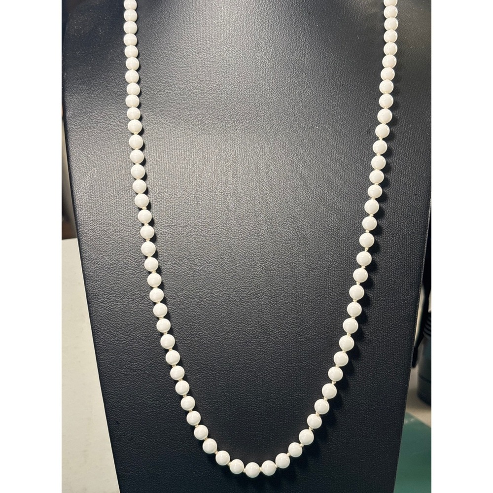 Monet Vintage White Glass Bead Hand Knotted Necklace Gold Tone 30 Inch Opera